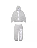 SUPREME SATIN APPLIQUE HOODED SWEATSHIRT & SWEATPANT SET GREY