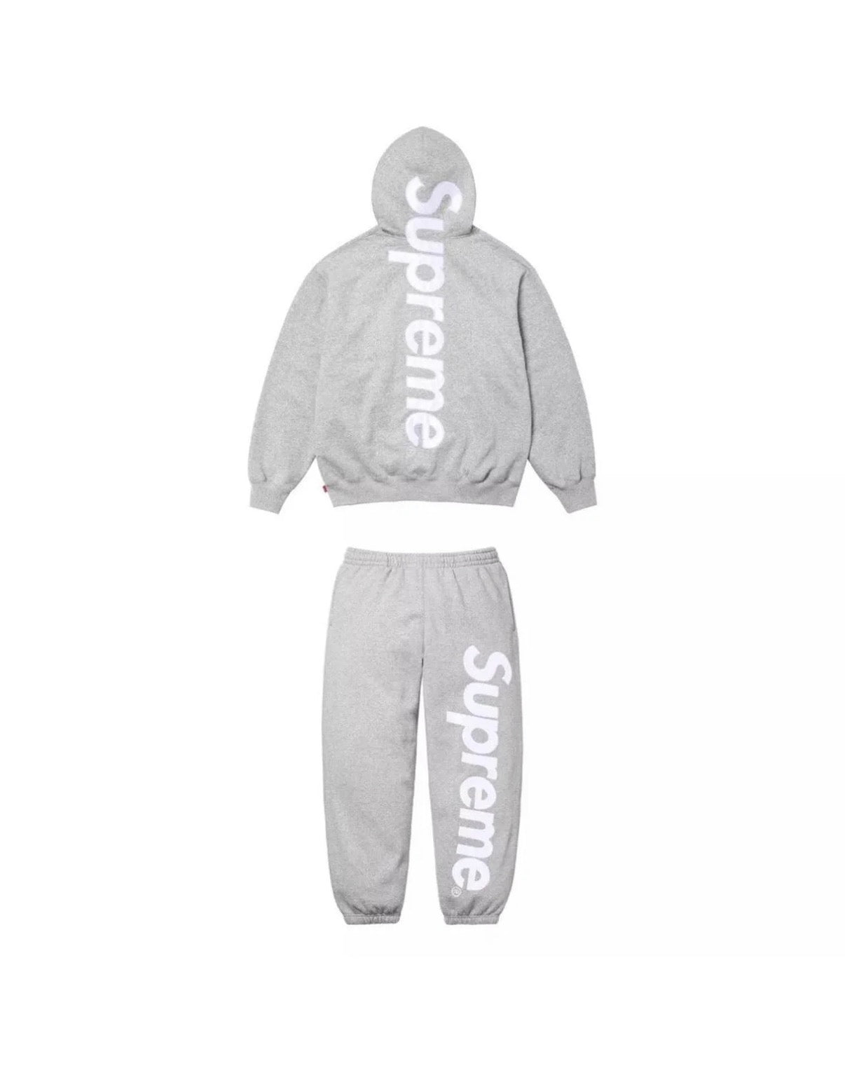 SUPREME SATIN APPLIQUE HOODED SWEATSHIRT & SWEATPANT SET GREY