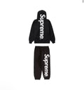 SUPREME SATIN APPLIQUE HOODED SWEATSHIRT & SWEATPANT SET BLACK